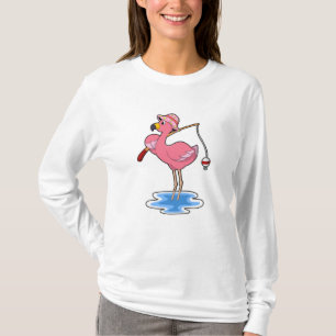 T-shirt Flamant rose à la pêche avec canne à pêche