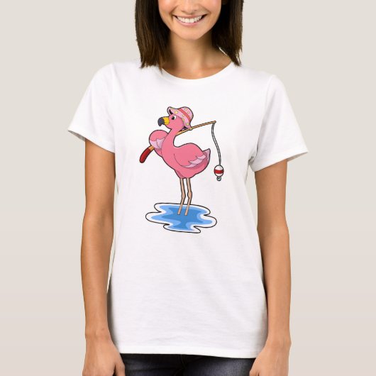 T-shirt Flamant rose à la pêche avec canne à pêche (Devant)