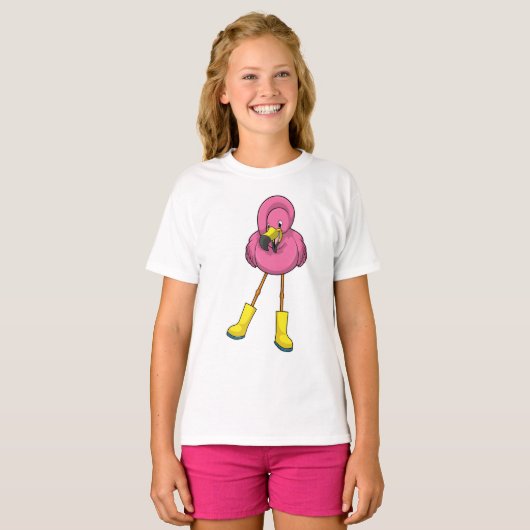 T-shirt Flamant rose à la pluie avec bottes en caoutchouc (Devant entier)