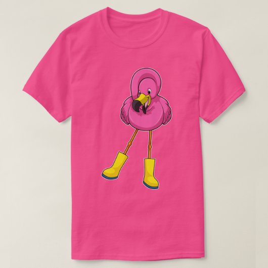 T-shirt Flamant rose à la pluie avec bottes en caoutchouc (Design devant)