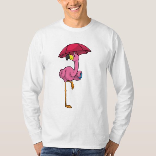 T-shirt Flamant rose à la pluie avec parapluie (Devant)