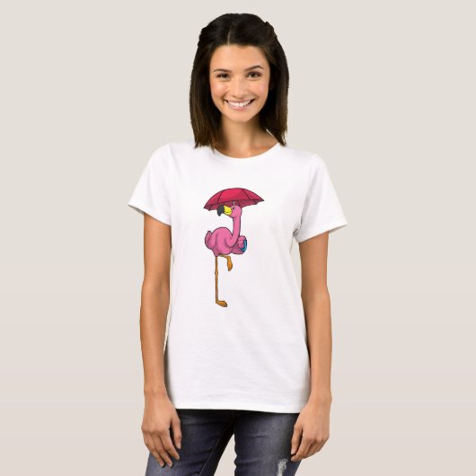 T-shirt Flamant rose à la pluie avec parapluie (Devant entier)