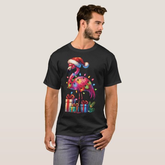 T-shirt Flamant rose Avec Noël Chapeau Noël Noël Tropical (Devant entier)