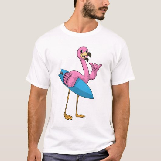 T-shirt Flamant rose comme Surfer avec Surfboard (Devant)