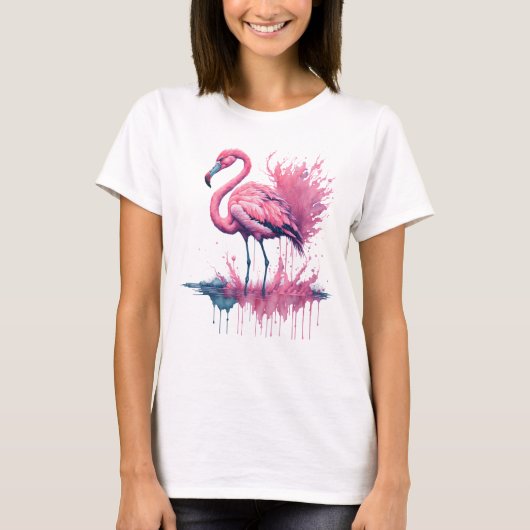 T-shirt Flamant rose d'aquarelle vibre debout dans l'eau (Devant)