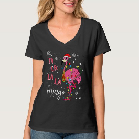 T-shirt Flamant rose de Noël Santa Hat Jeu de lumières Fla (Devant)
