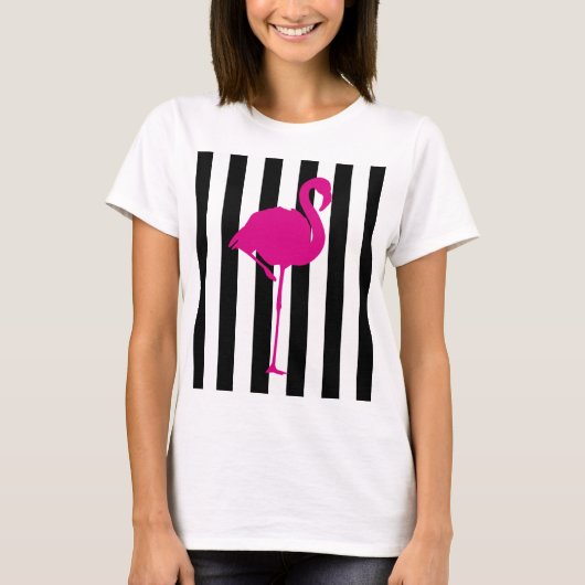 T-shirt Flamant rose de roses indien sur la rayure noire (Devant)