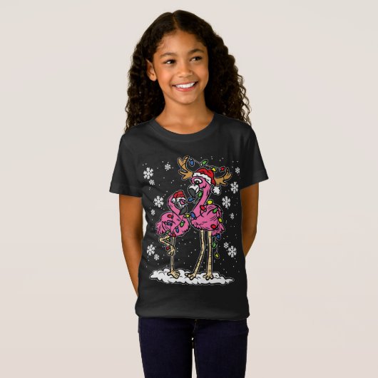 T-Shirt Flamant rose lumières de Noël Santa Hat Pajama Cut (Devant entier)