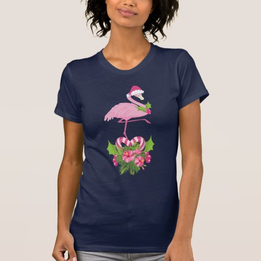 T-shirt Flamant rose rose à Santa Hat Noël Whimsical (Devant)