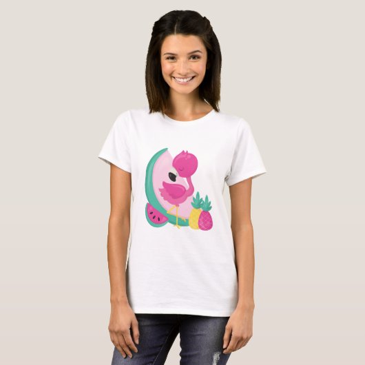 T-shirt Flamant rose rose avec pastèque et ananas (Devant entier)
