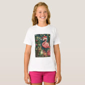 T-shirt Flamant rose rose Chat & Grenouille Noël tropical (Devant entier)