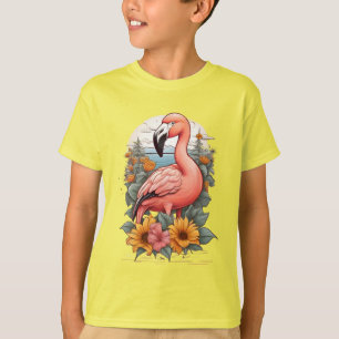 T-shirt Flamant rose rose entouré de fleurs