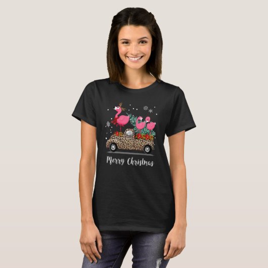 T-shirt Flamant rose rose Roue Camion Leopard Noël (Devant entier)