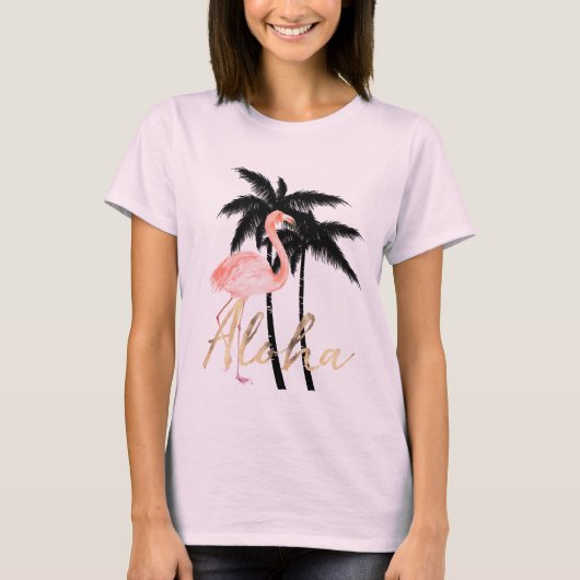 T-shirt Flamant rose tropical de palmiers Aloha (Devant)