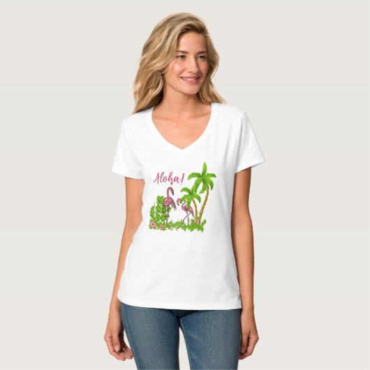 T-shirt Flamants roses et fleurs tropicales (Devant entier)