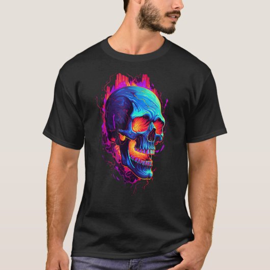 T-shirt Flaming Skull Cool Red Orange & Blue Skeleton Skul (Devant)