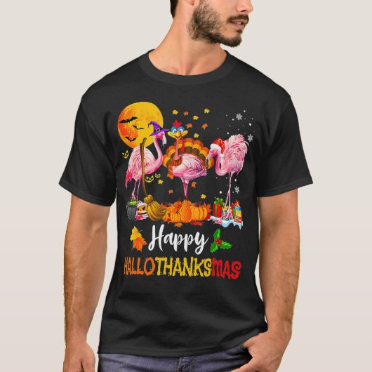 T-shirt Flamingo Happy HalloThanksMas Halloween Thanksgivi (Devant)