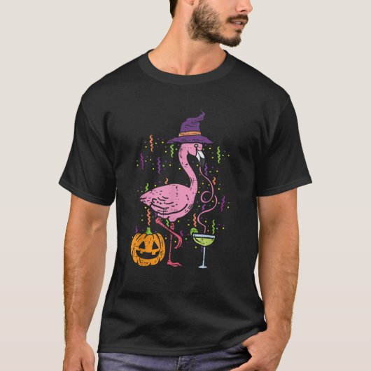 T-shirt Flamingo Witch Happy Halloween Funny Costume Bird (Devant)