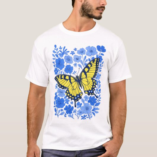 T-shirt fleur bleue swallowtail jaune (Devant)
