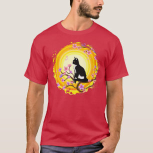 T-shirt Fleur cerise de chat noir Japonais Sakura Tree fem