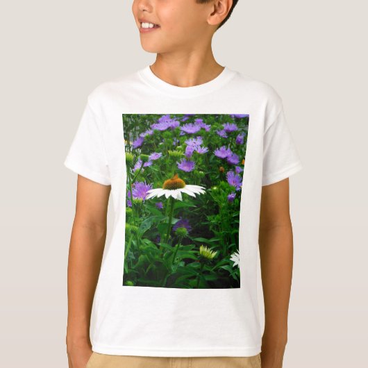T-shirt Fleur de cône blanc, fleurs pourpres et papillon (Devant)