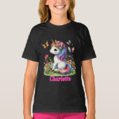 T-shirt Fleur de parties scintillant lunaire licorne noir (Devant)