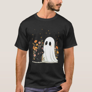 T-shirt Fleur d'Halloween Fantôme Chat Noir Saison Spooky