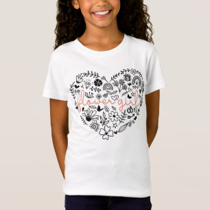 T-Shirt Fleur fille, mignonne Mariage Doodle Coeur Noir Bl