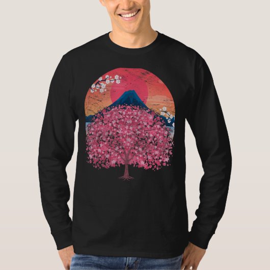 T-shirt Fleur japonaise rose Sakura Mountain Sunset Cherch (Devant)