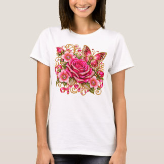 T-Shirt Fleur Papillon Rose Rose Clair Étincelant