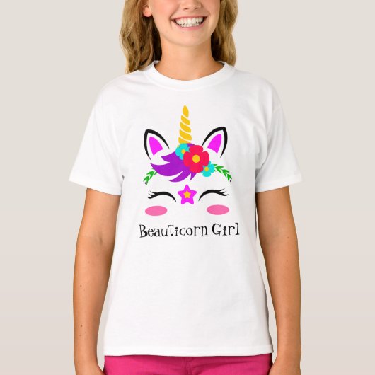 T-shirt Fleur rouge unicorne rose mauve (Devant)