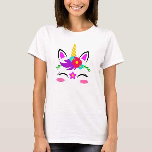 T-shirt Fleur rouge unicorne rose mauve (Devant)