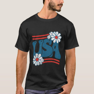 T-shirt Fleur Usa Patriotique 4 Juillet Groovy Drapeau Amé