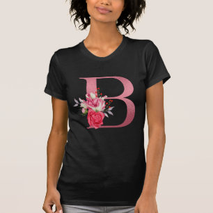 T-shirt Fleurs Aquarelle Monogramme Alphabet Or Rose B