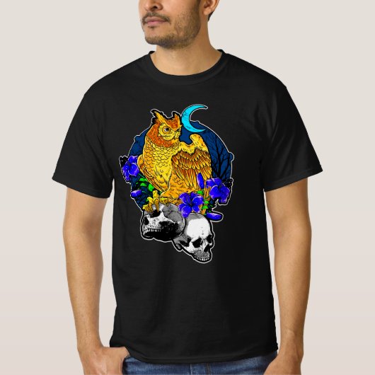 T-shirt Fleurs bleues d'oiseaux d'Halloween avec crânes Lu (Devant)