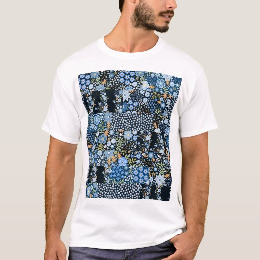T-shirt Fleurs Bleues Patchwork : Tissu sans couture. (Devant)