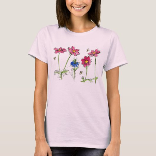 T-shirt Fleurs d'aquarelle Cosmos rose Abeilles de miel (Devant)