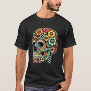 T-shirt Fleurs d'art crânien ligne Motif graphique coloré