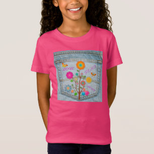 T-Shirt Fleurs de poche arrière en denim Paix Amour Espoir