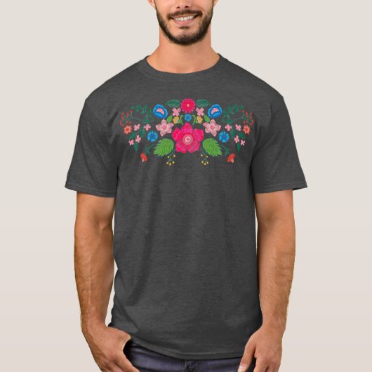 T-shirt Fleurs de printemps brodées Fleur mexicaine Appliq (Devant)