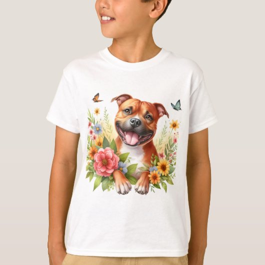 T-shirt Fleurs de printemps Red Staffordshire Bull Terrier (Devant)