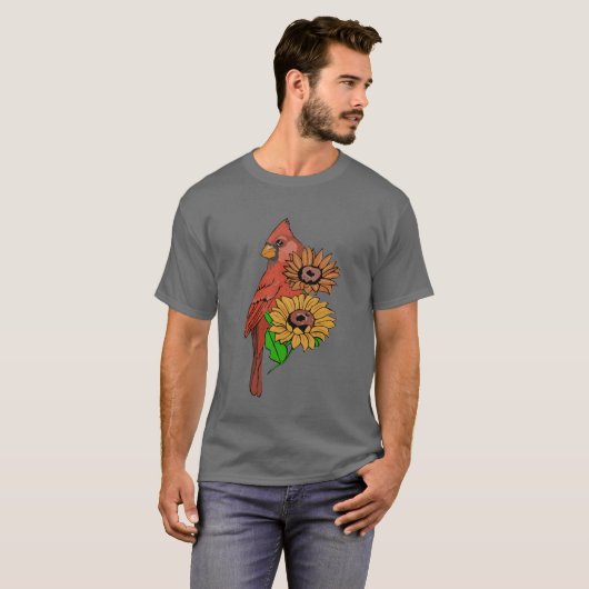 T-shirt Fleurs de soleil Cardinal Oiseaux mignons Filles A (Devant entier)