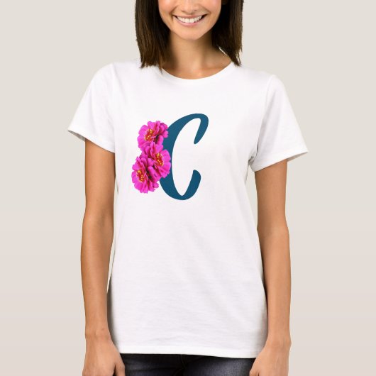 T-shirt Fleurs de Zinnia Monogramme Initiale C (Devant)