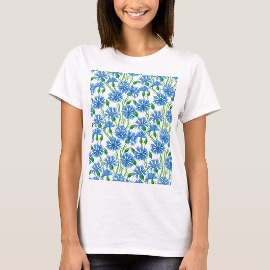 T-shirt Fleurs d'eau bleu, fleurs sauvages sur blanc (Devant)