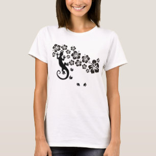 T-shirt fleurs d'hibiscus en noir avec Gecko