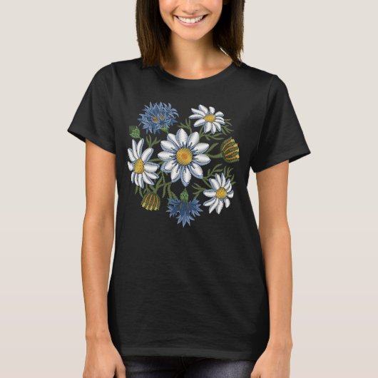 T-shirt Fleurs et bleuets brodés de marguerite (Devant)