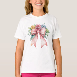 T-shirt Fleurs Florales Aquarelle Ruban Rose Filles Coquet