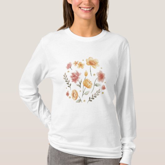 T-shirt Fleurs florales et aquarelle feuille (Devant)