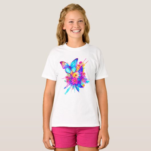 T-shirt Fleurs néon et papillon (Devant entier)