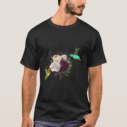 T-shirt Fleurs Oiseaux Animaux Roses Oiseaux de fleurs Col (Devant)